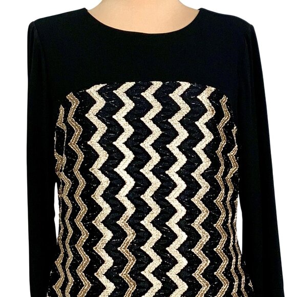 Chicos Chevron Mix Chanon Black Gold Shift Dress Keyhole Back Chico’s 0.5 US 6 - Picture 2 of 10